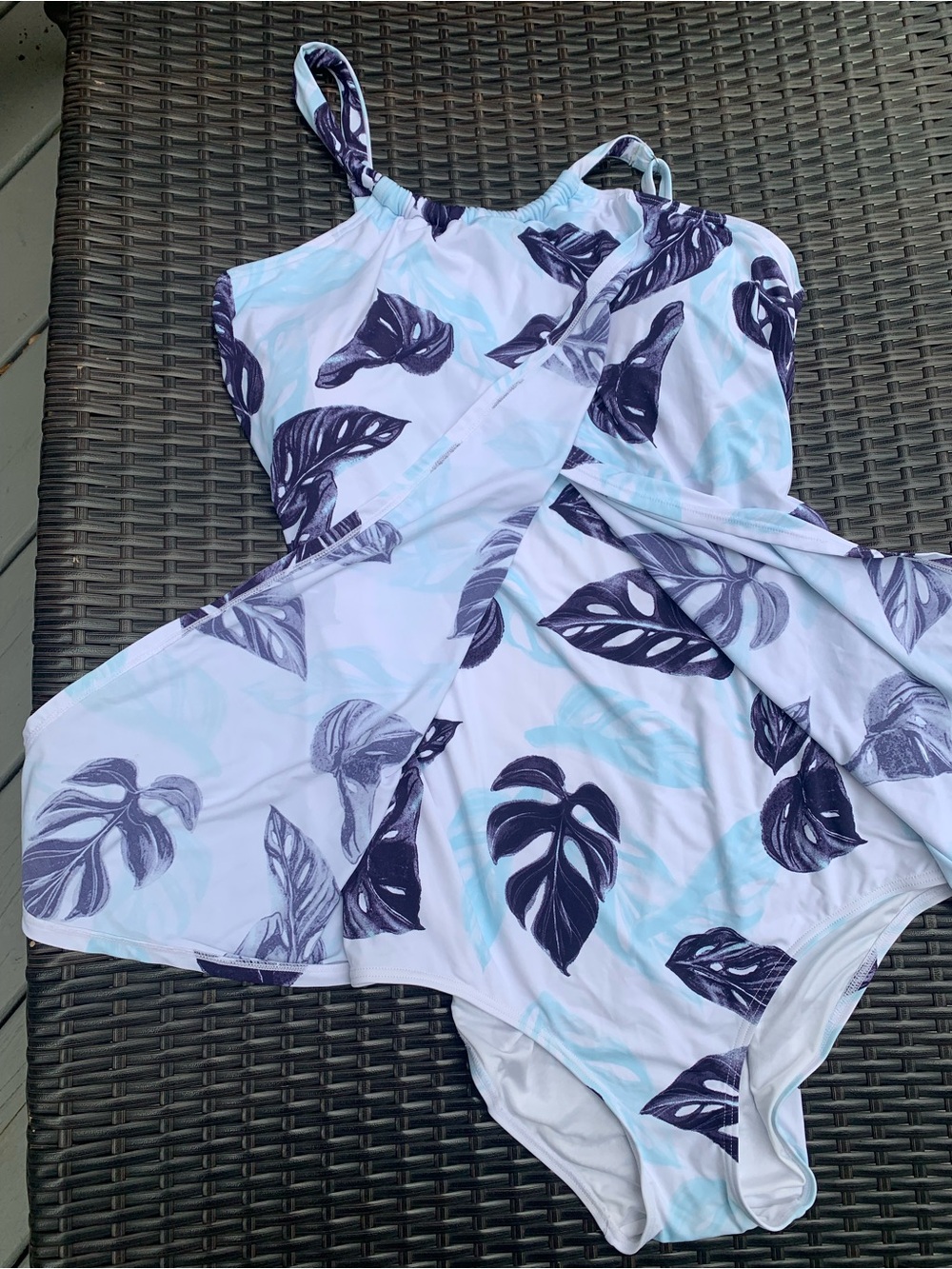 La Vie En Rose White One-Piece Swimsuit with Navy and Light Blue Leaf Print